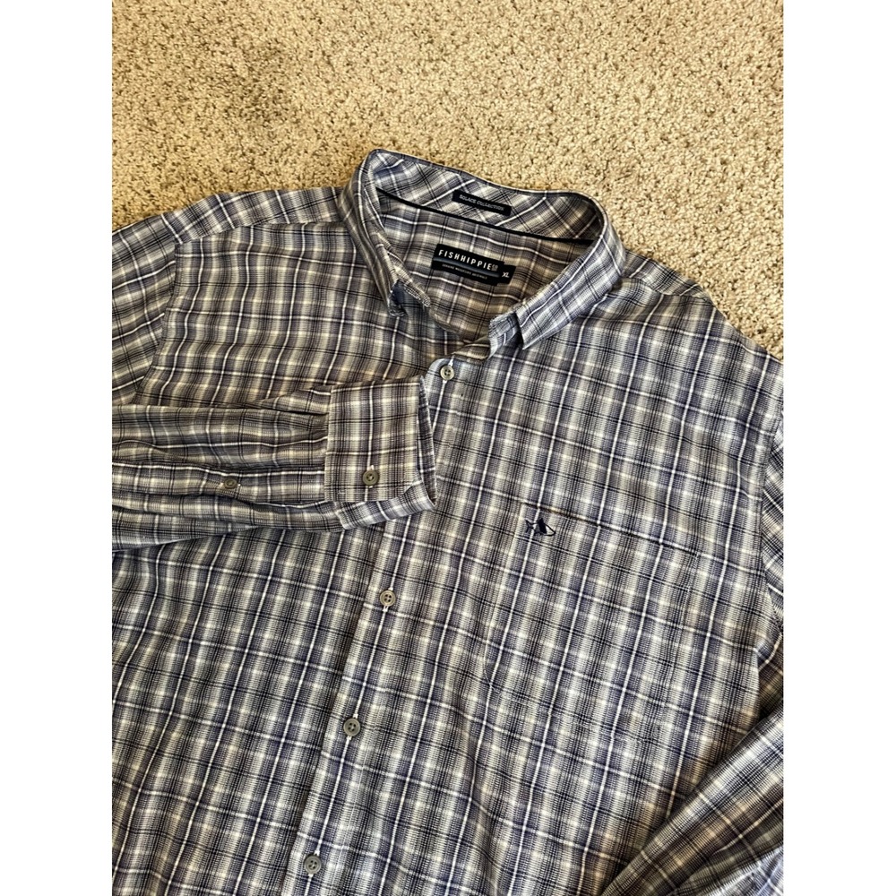 Fish Hippie Mens Button Front Shirt XL Blue Plaid Solace Collection Stretch